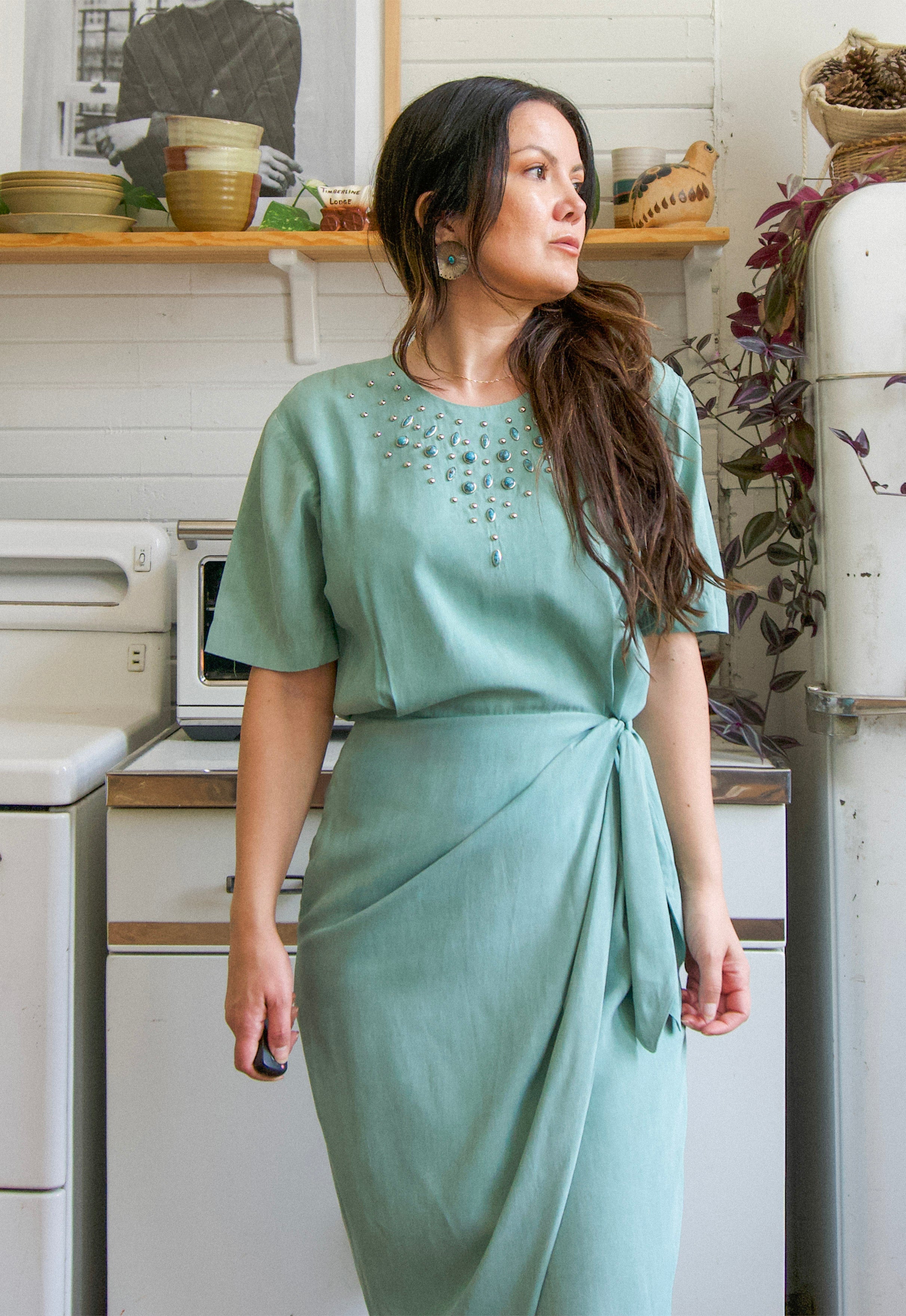 Christie Araujo Vintage 80s Aqua Sarong Wrap Turquoise Embellished Dress