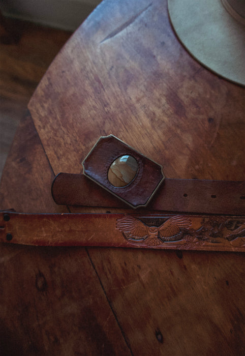 Christie Araujo Idylwild Vintage Owyhee Jasper California Cowboy Belt Buckle with Tooled Owl Belt