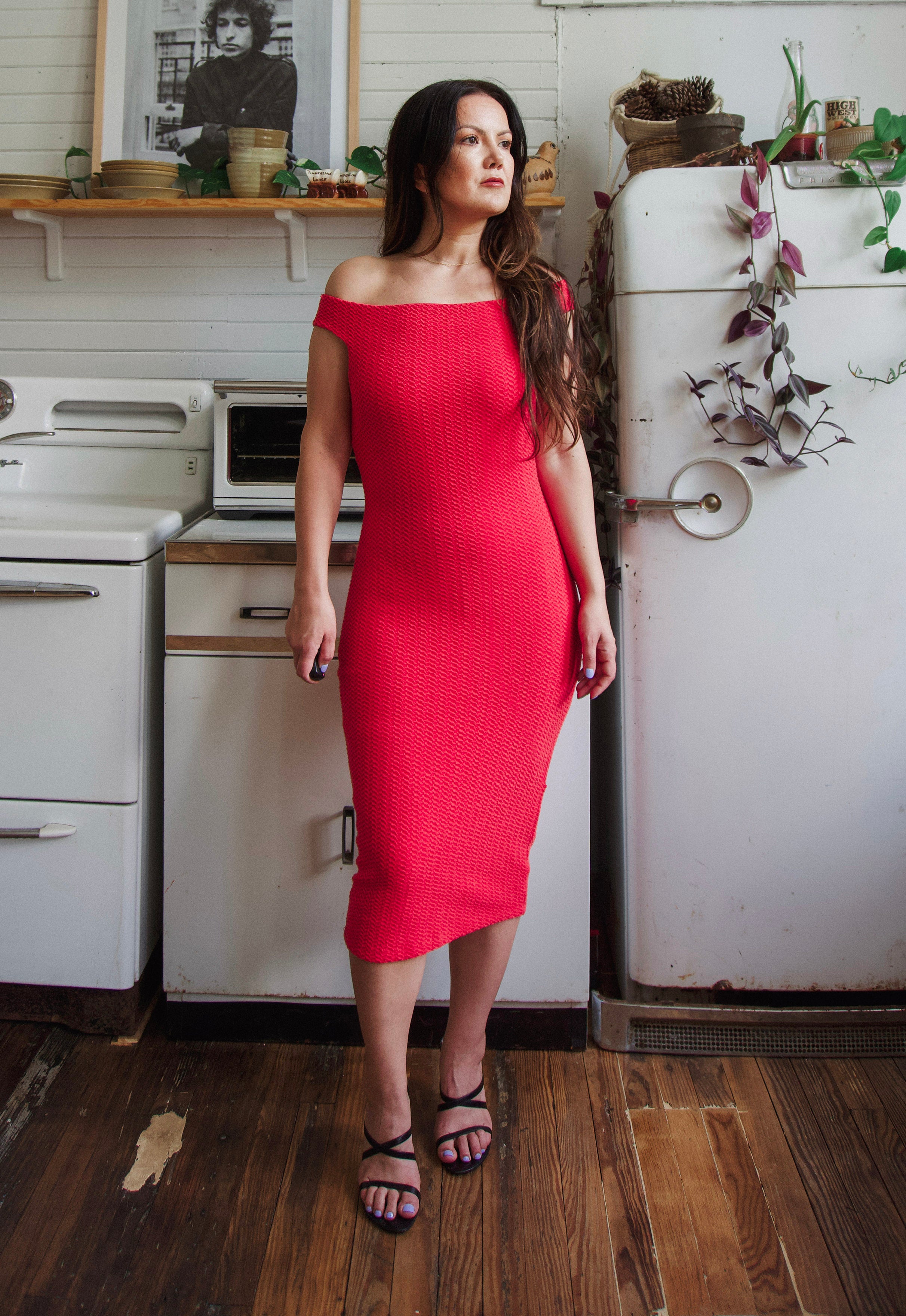 Y2K bebe tomato red off the shoulder scrunch midi dress Christie Araujo