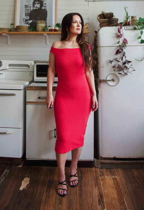Y2K bebe tomato red off the shoulder scrunch midi dress Christie Araujo