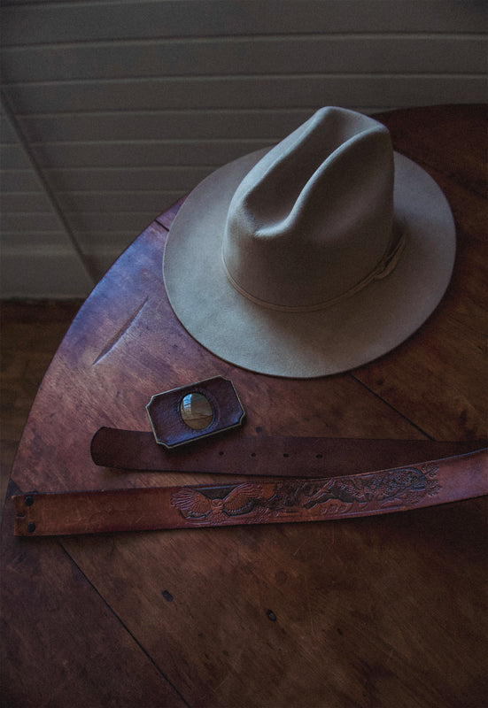 Christie Araujo Idylwild Vintage Owyhee Jasper California Cowboy Belt Buckle with Tooled Owl Belt