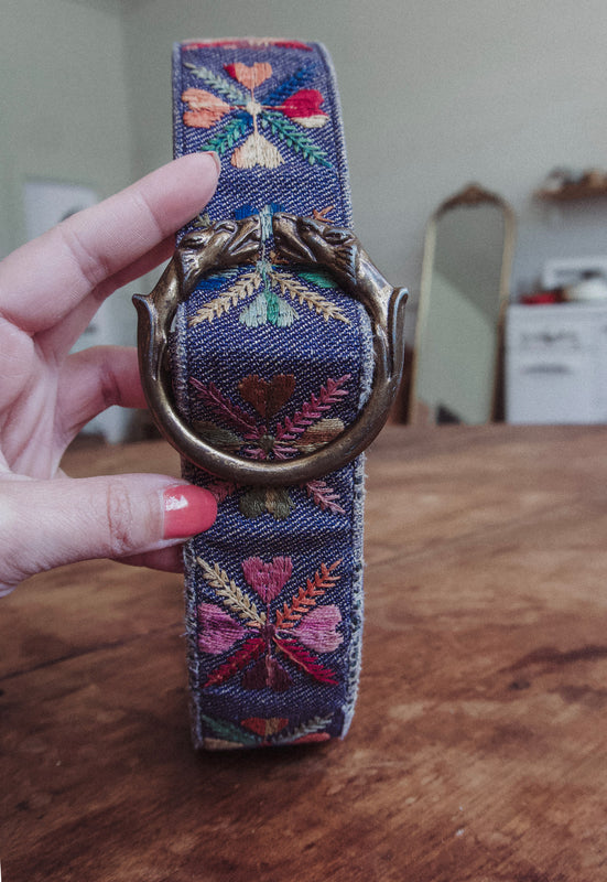 vintage Bechelli embroidered folk boho hippie san francisco 1960s denim belt with lion buckle
