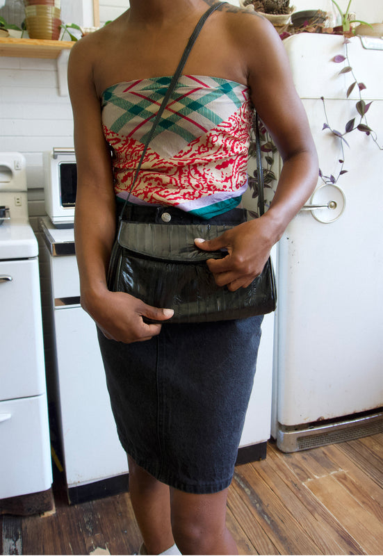 Eel skin 80s glossy flap purse shoulder bag