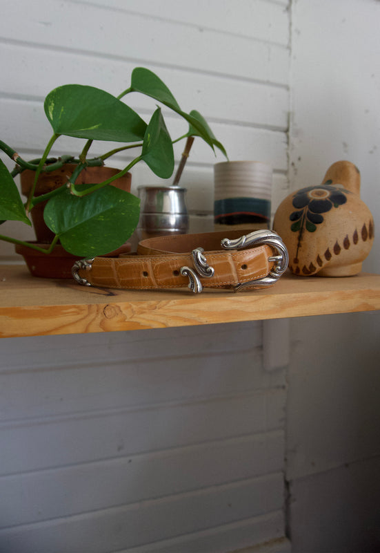 Light tan with silver hardware vintage ornate croc belt