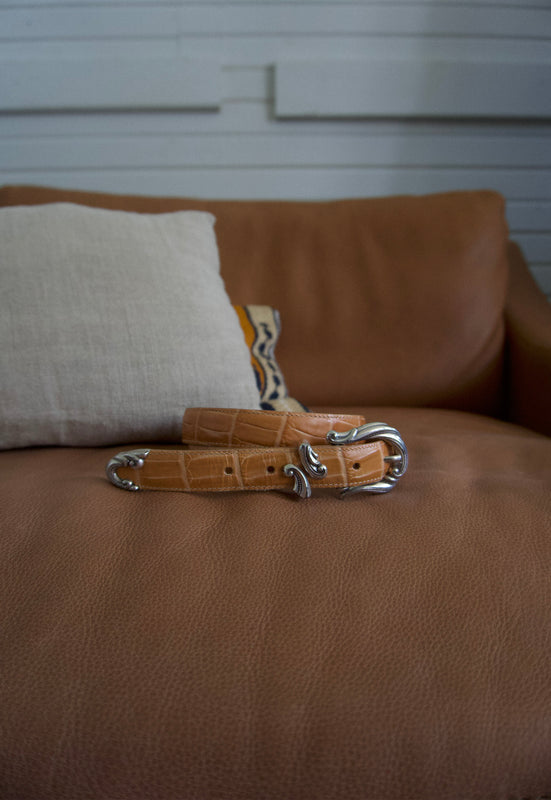 Light tan with silver hardware vintage ornate croc belt