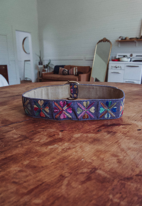 vintage Bechelli embroidered folk boho hippie san francisco 1960s denim belt with lion buckle