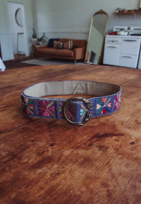 vintage Bechelli embroidered folk boho hippie san francisco 1960s denim belt with lion buckle