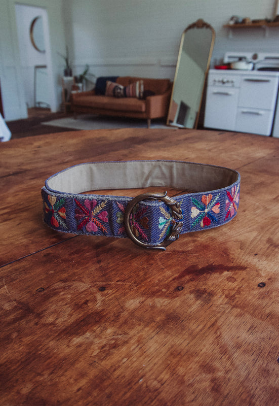vintage Bechelli embroidered folk boho hippie san francisco 1960s denim belt with lion buckle