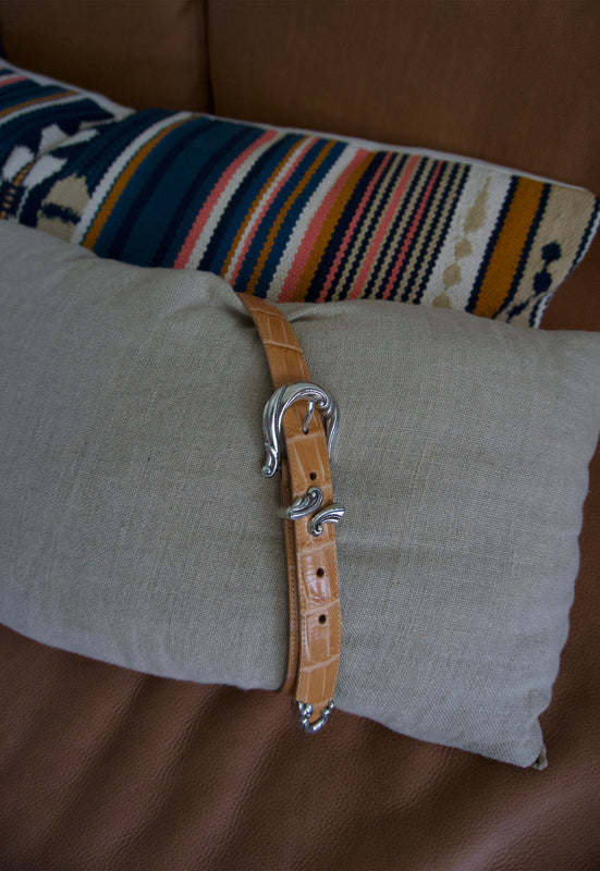 Light tan with silver hardware vintage ornate croc belt