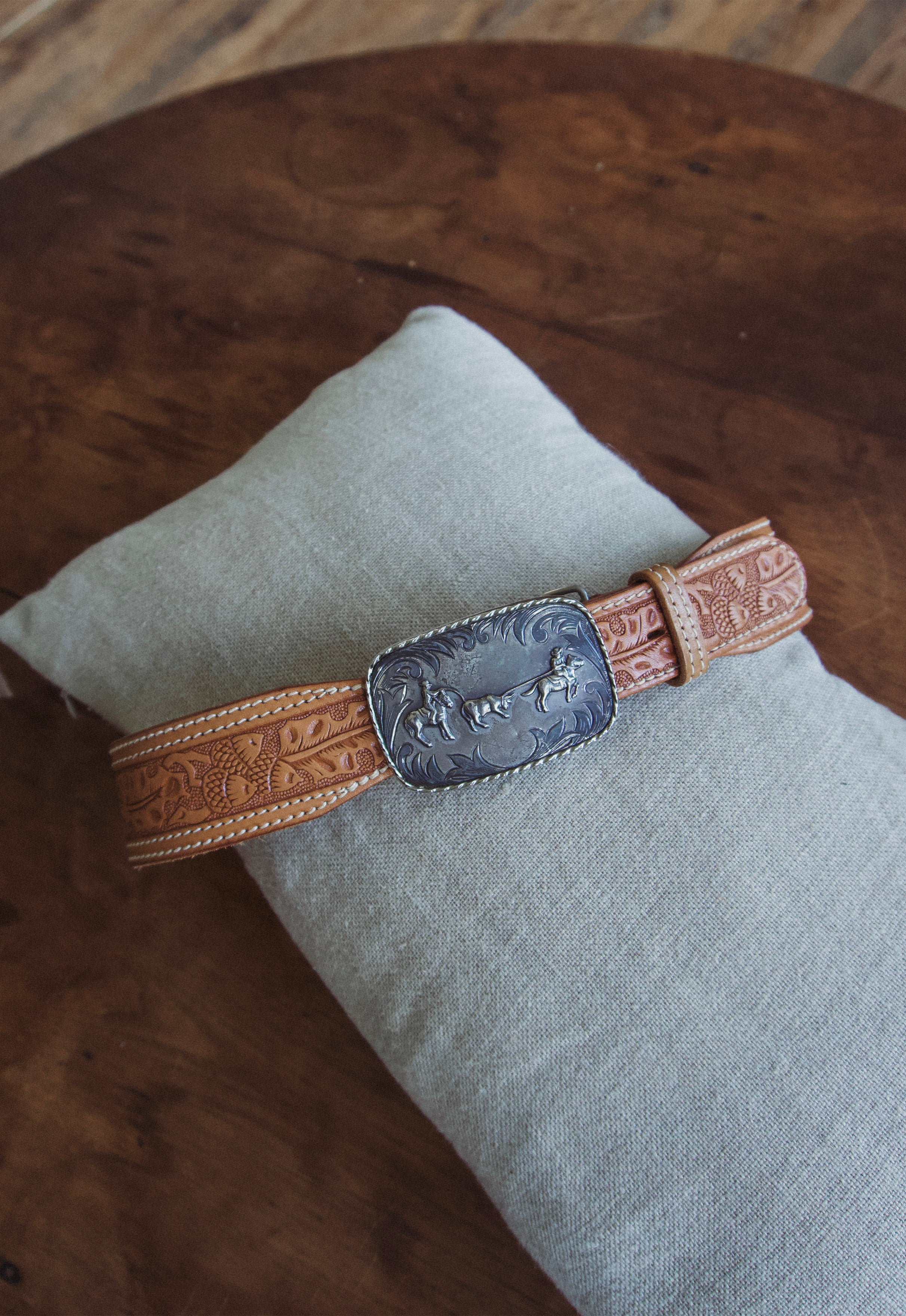 Vintage Double Stitch Saddle Leather Western Belt