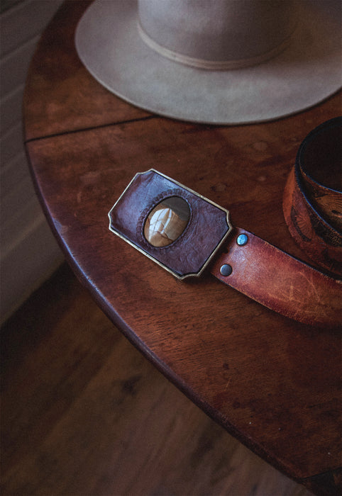 Christie Araujo Idylwild Vintage Owyhee Jasper California Cowboy Belt Buckle with Tooled Owl Belt