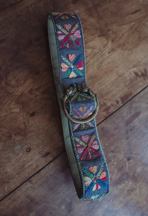 vintage Bechelli embroidered folk boho hippie san francisco 1960s denim belt with lion buckle