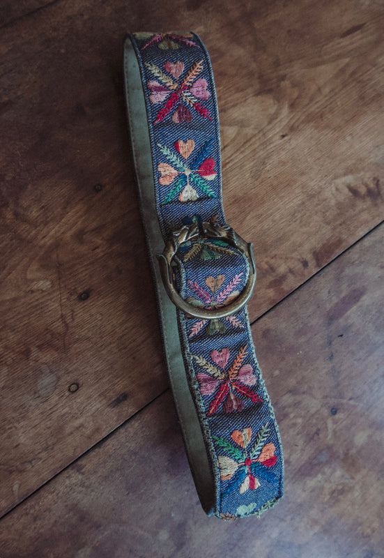 vintage Bechelli embroidered folk boho hippie san francisco 1960s denim belt with lion buckle