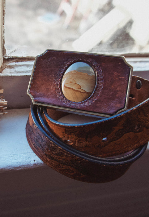 Christie Araujo Idylwild Vintage Owyhee Jasper California Cowboy Belt Buckle with Tooled Owl Belt