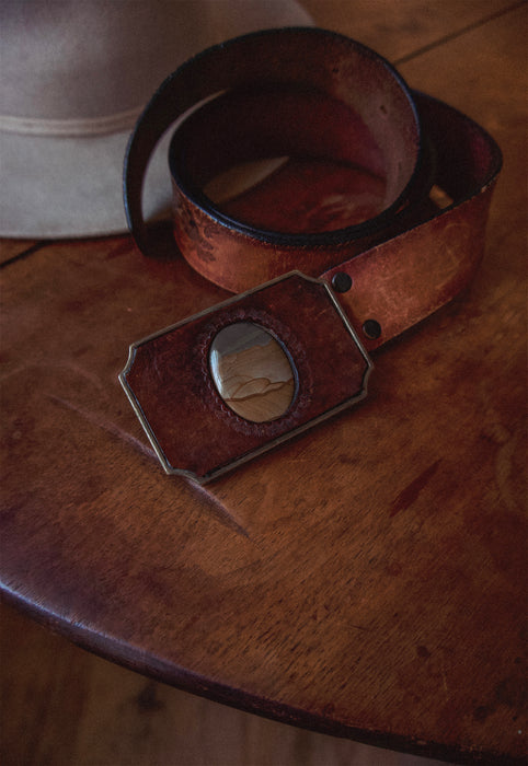 Christie Araujo Idylwild Vintage Owyhee Jasper California Cowboy Belt Buckle with Tooled Owl Belt
