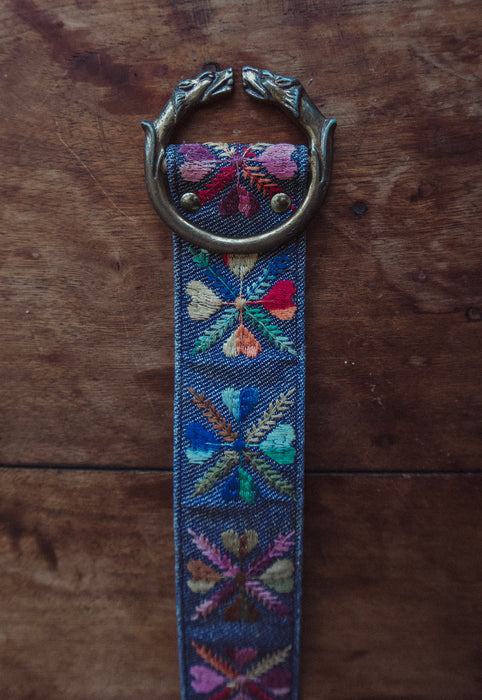 vintage Bechelli embroidered folk boho hippie san francisco 1960s denim belt with lion buckle