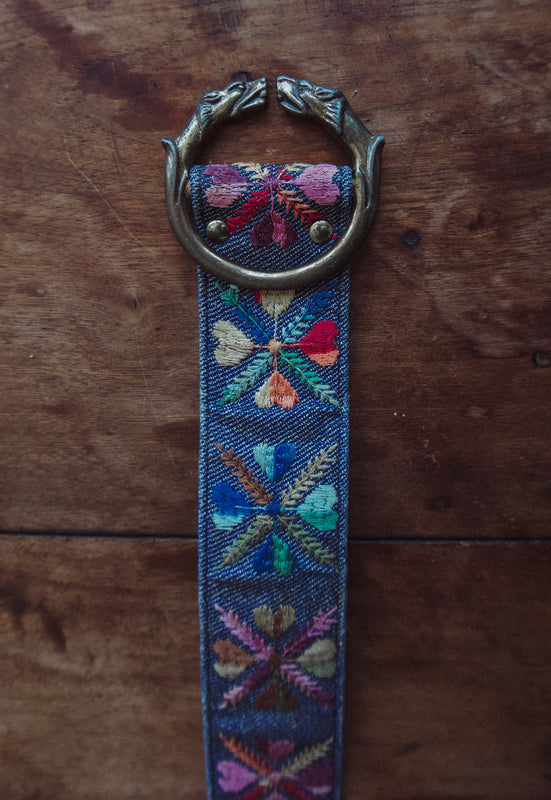 vintage Bechelli embroidered folk boho hippie san francisco 1960s denim belt with lion buckle