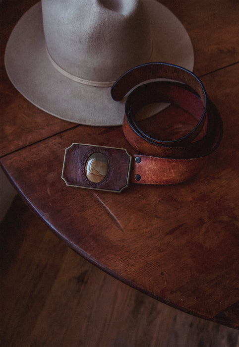 Christie Araujo Idylwild Vintage Owyhee Jasper California Cowboy Belt Buckle with Tooled Owl Belt