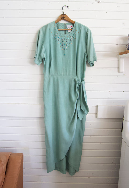 Christie Araujo Vintage 80s Aqua Sarong Wrap Turquoise Embellished Dress