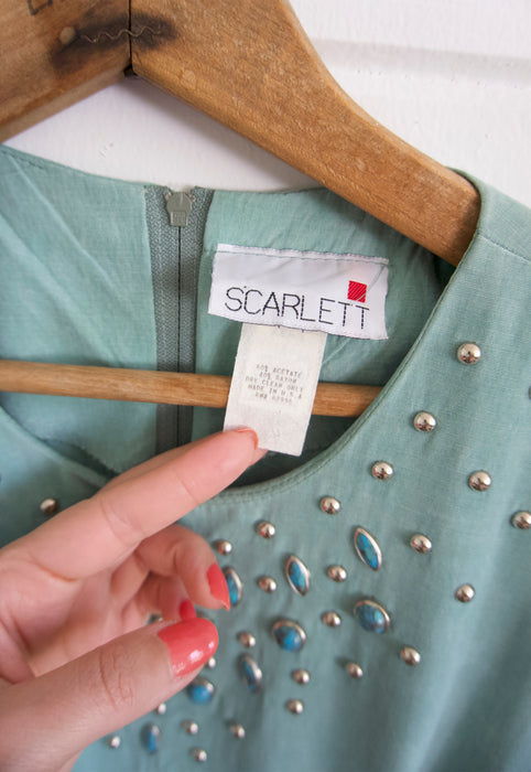 Vintage 80s Aqua Sarong Wrap Turquoise Embellished Dress