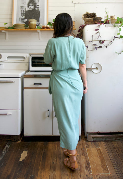 Vintage 80s Aqua Sarong Wrap Turquoise Embellished Dress