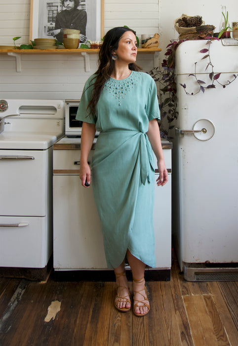 Christie Araujo Vintage 80s Aqua Sarong Wrap Turquoise Embellished Dress