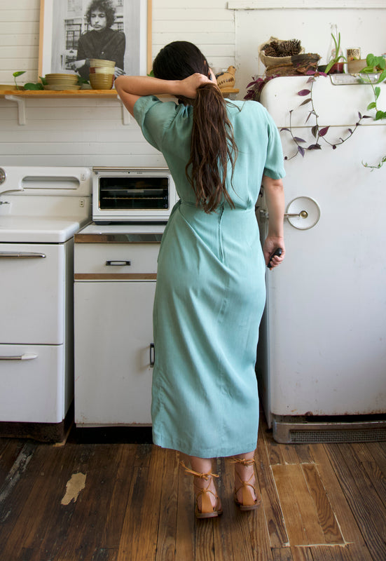 Vintage 1980's Aqua Wrap Dress with faux Turquoise Embellishment