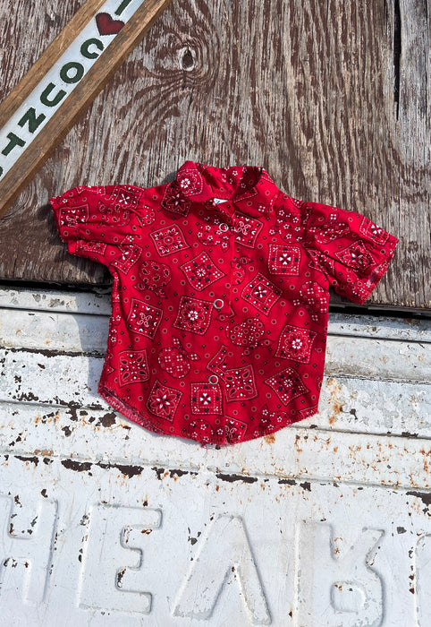 Idylwild Vintage 70s Baby Girl Country Western Overals Red Bandana Set. Ruffle, puff sleeve, railroadstripe. Cutest Baby shower gift