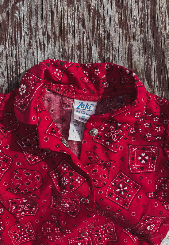 Idylwild Vintage 70s Baby Girl Country Western Overals Red Bandana Set. Ruffle, puff sleeve, railroadstripe. Cutest Baby shower gift