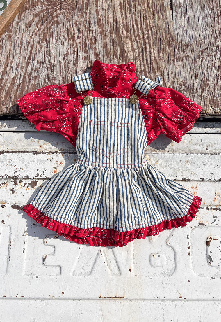 Idylwild Vintage 70s Baby Girl Country Western Overals Red Bandana Set. Ruffle, puff sleeve, railroadstripe. Cutest Baby shower gift
