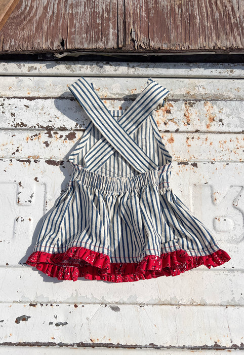 Idylwild Vintage 70s Baby Girl Country Western Overals Red Bandana Set. Ruffle, puff sleeve, railroadstripe. Cutest Baby shower gift