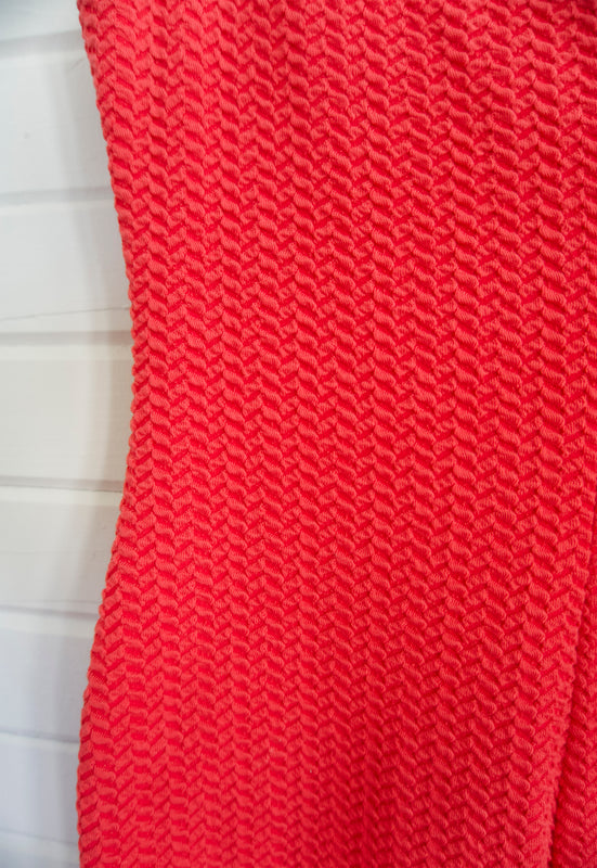 Y2K bebe tomato red off the shoulder scrunch midi dress