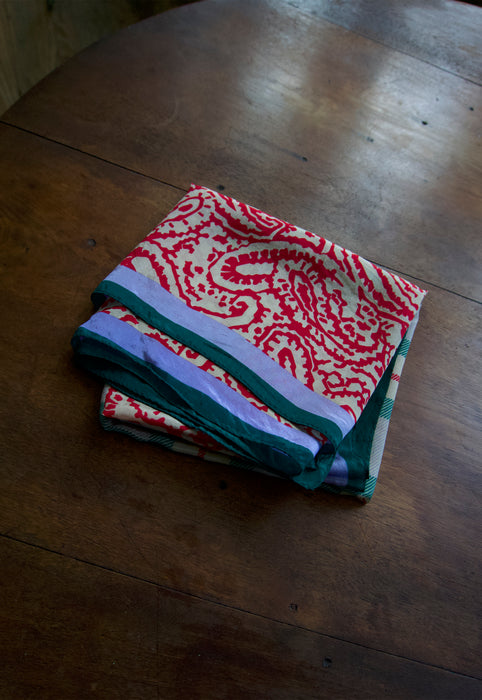 Vintage Silk Made in Japan scarf with hunter green burberry check plaid at center and red bandana border