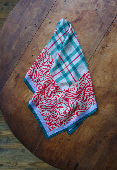 Vintage Silk Made in Japan scarf with hunter green burberry check plaid at center and red bandana border