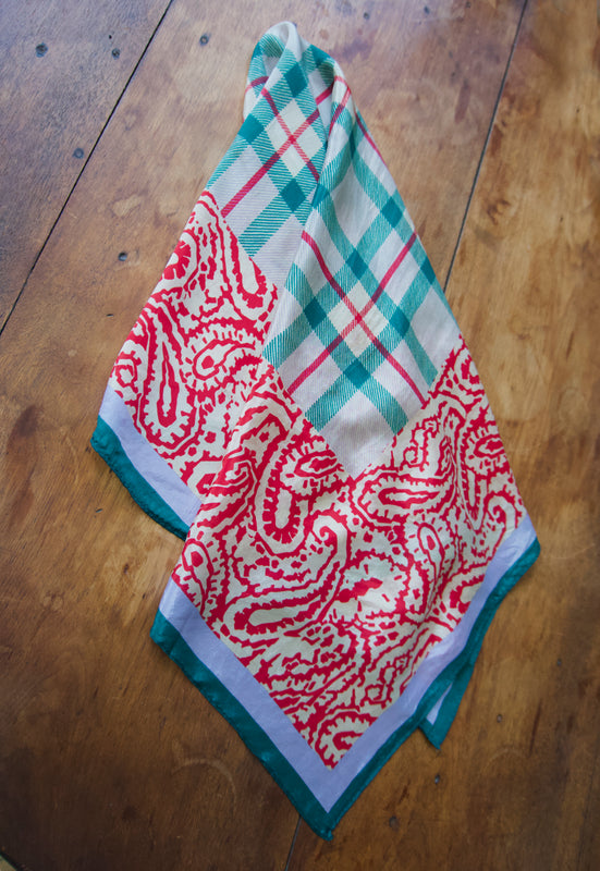 Vintage Silk Made in Japan scarf with hunter green burberry check plaid at center and red bandana border