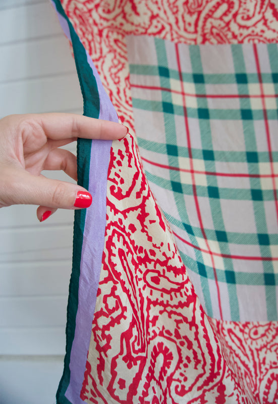 Vintage Silk Made in Japan scarf with hunter green burberry check plaid at center and red bandana border