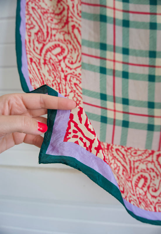 Vintage Silk Made in Japan scarf with hunter green burberry check plaid at center and red bandana border