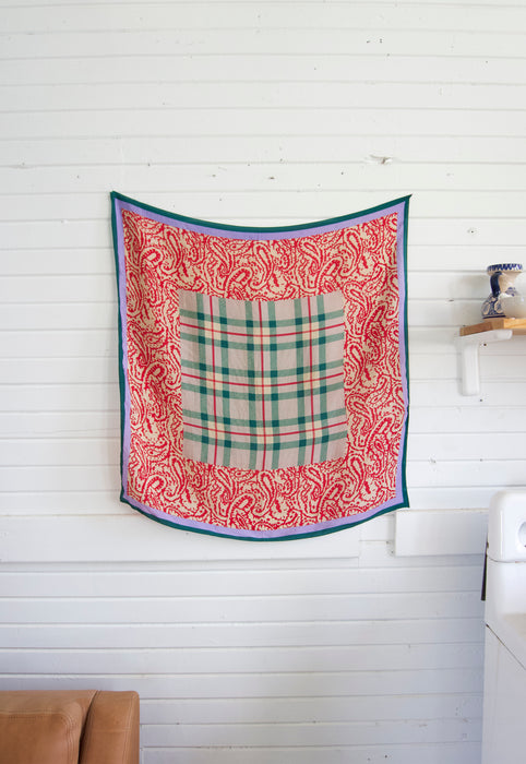 Vintage Silk Made in Japan scarf with hunter green burberry check plaid at center and red bandana border
