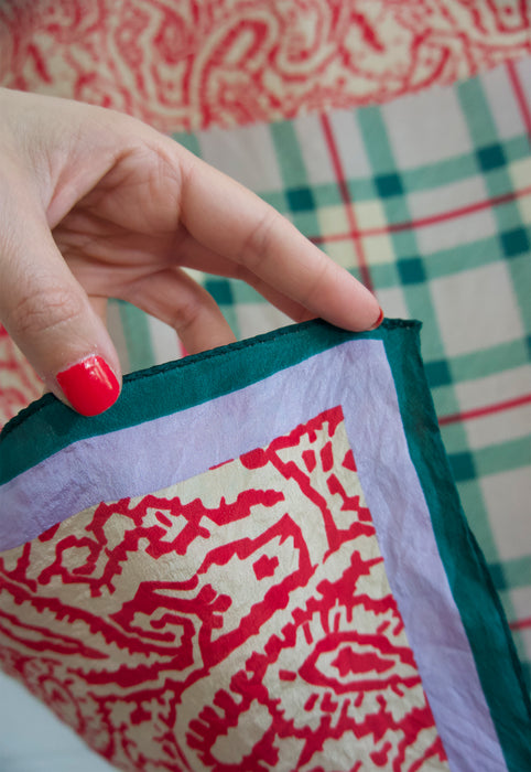 Vintage Silk Made in Japan scarf with hunter green burberry check plaid at center and red bandana border