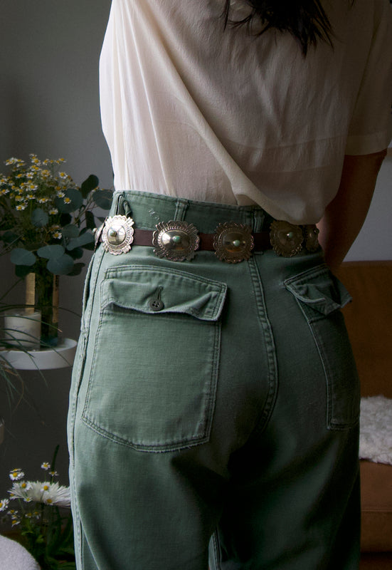 Christie Araujo Vintage Silver and Turquoise Concho Belt on Tobacco Leather