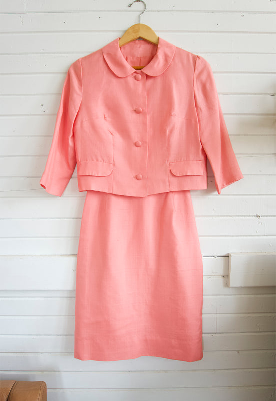 Vintage 1960s Salmon Pink Silk Jackie O Suit Set