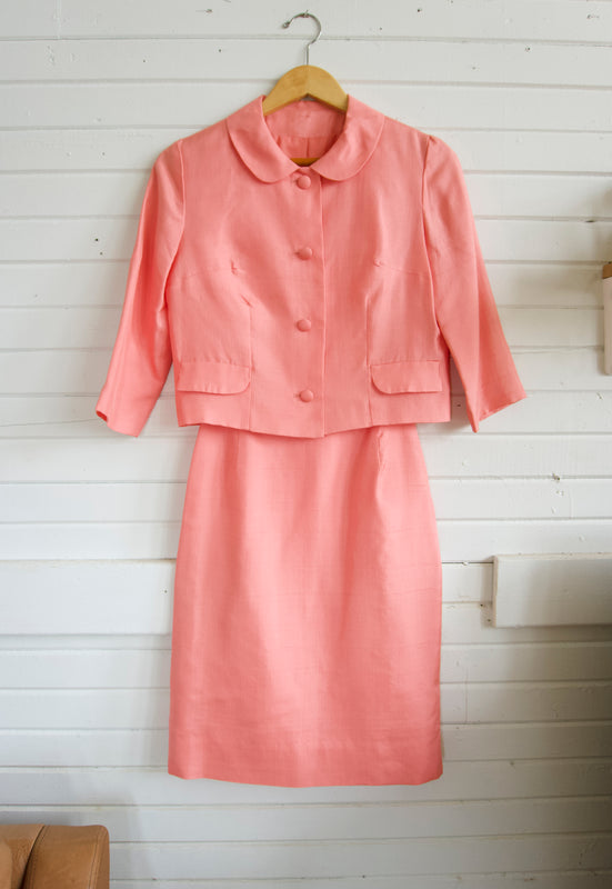 Vintage 1960s Salmon Pink Silk Jackie O Suit Set