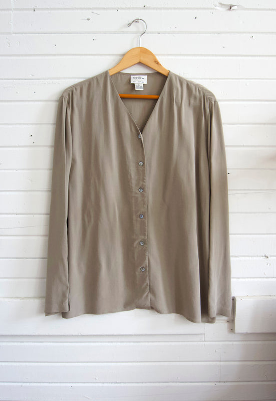 Vintage long sleeve putty silk blouse with shell buttons