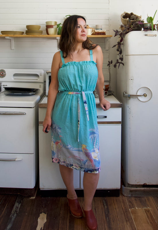 Christie Araujo Turquoise Miami Florida Vintage 70s Great Blue Heron Flamingo Dress
