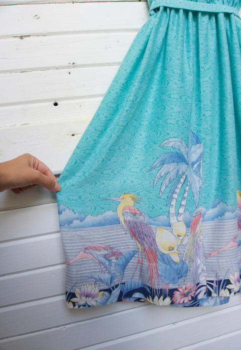 Christie Araujo Turquoise Miami Florida Vintage 70s Great Blue Heron Flamingo Dress