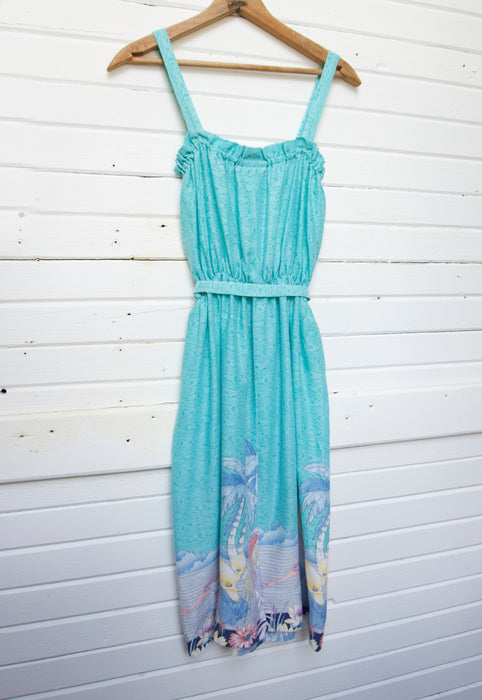 Christie Araujo Turquoise Miami Florida Vintage 70s Great Blue Heron Flamingo Dress