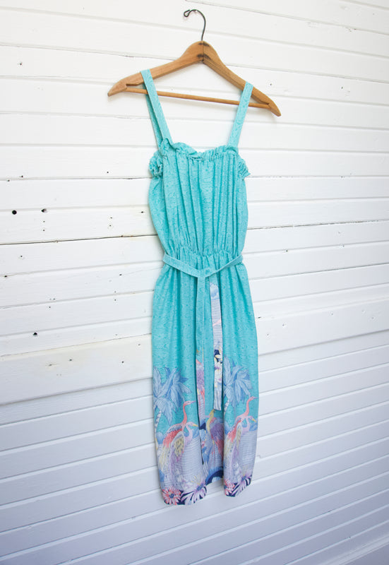 Christie Araujo Turquoise Miami Florida Vintage 70s Great Blue Heron Flamingo Dress