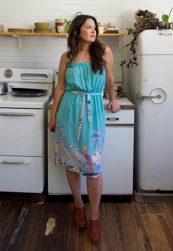 Christie Araujo Turquoise Miami Florida Vintage 70s Great Blue Heron Flamingo Dress