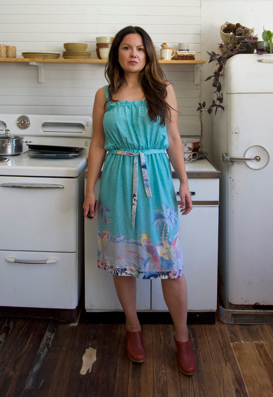 Christie Araujo Turquoise Miami Florida Vintage 70s Great Blue Heron Flamingo Dress