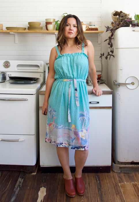 Christie Araujo Turquoise Miami Florida Vintage 70s Great Blue Heron Flamingo Dress